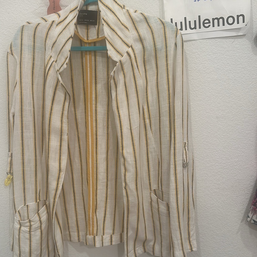 Bershka Yellow and Black Striped Linen Blazer